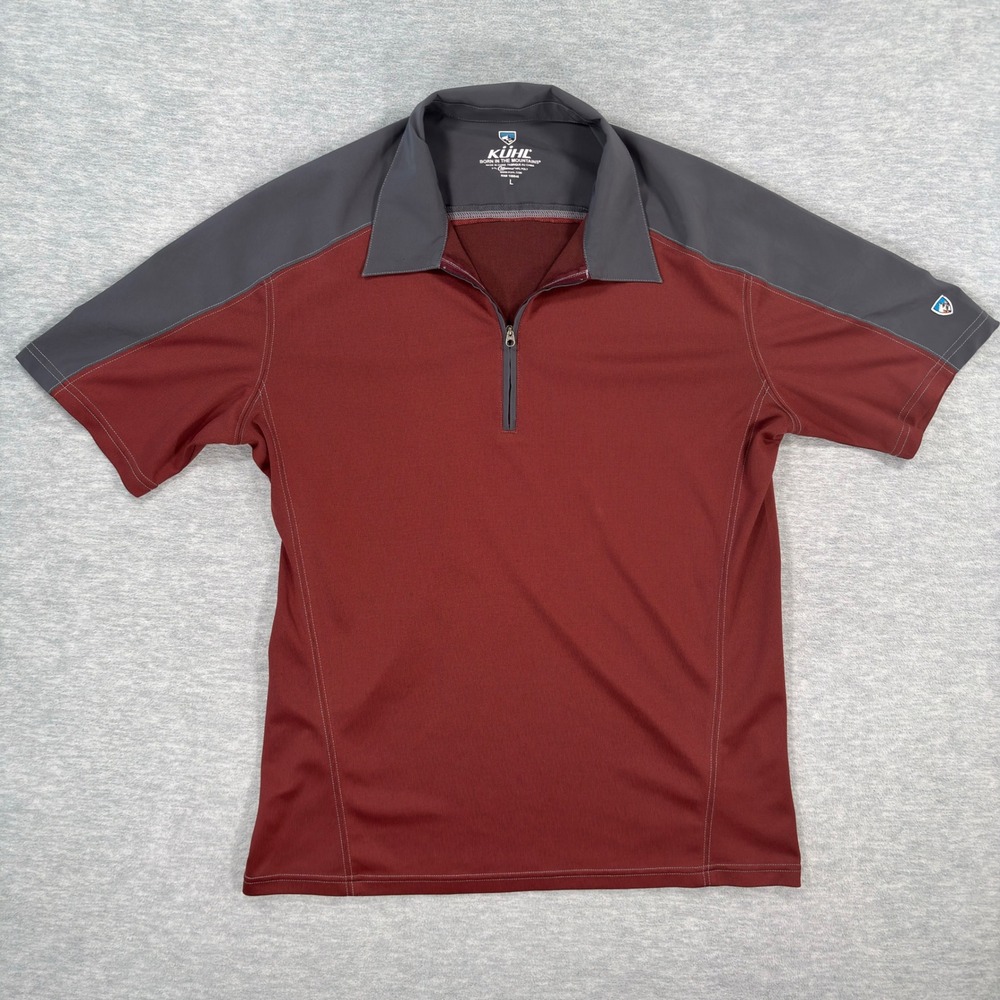Kuhl Mens Quarter Zip Short Sleeve Shirt Burgundy Grey CoffeeSyc Hiking Large - Picture 2 of 7